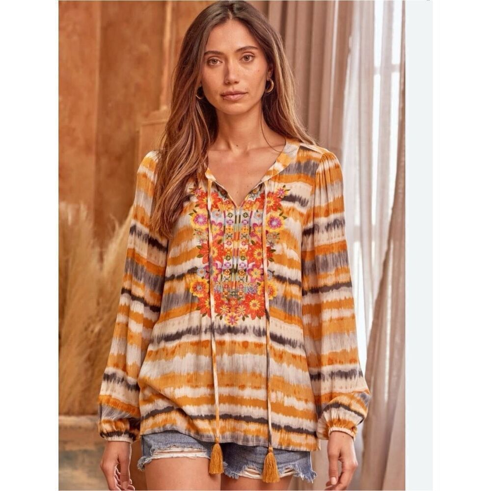 Savanna Jane Marigold Floral Embroidered Boho Top Women’s Size Small Long Sleeve